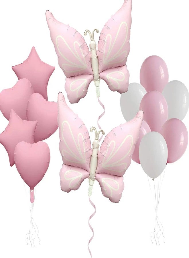 BIEUFBJI Pink Butterfly Party Decoration Set Foil Balloons Heart -Shaped Star-Shaped Balloon Latex Balloons Butterfly Theme Wedding Birthday Party Decorations Supplies