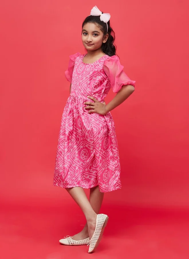 AKS Pink Ethnic Motifs Fit & Flare Dress for Girls