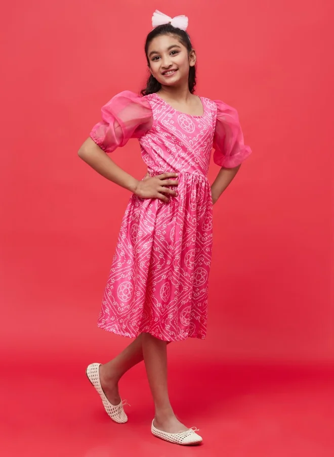 AKS Pink Ethnic Motifs Fit & Flare Dress for Girls