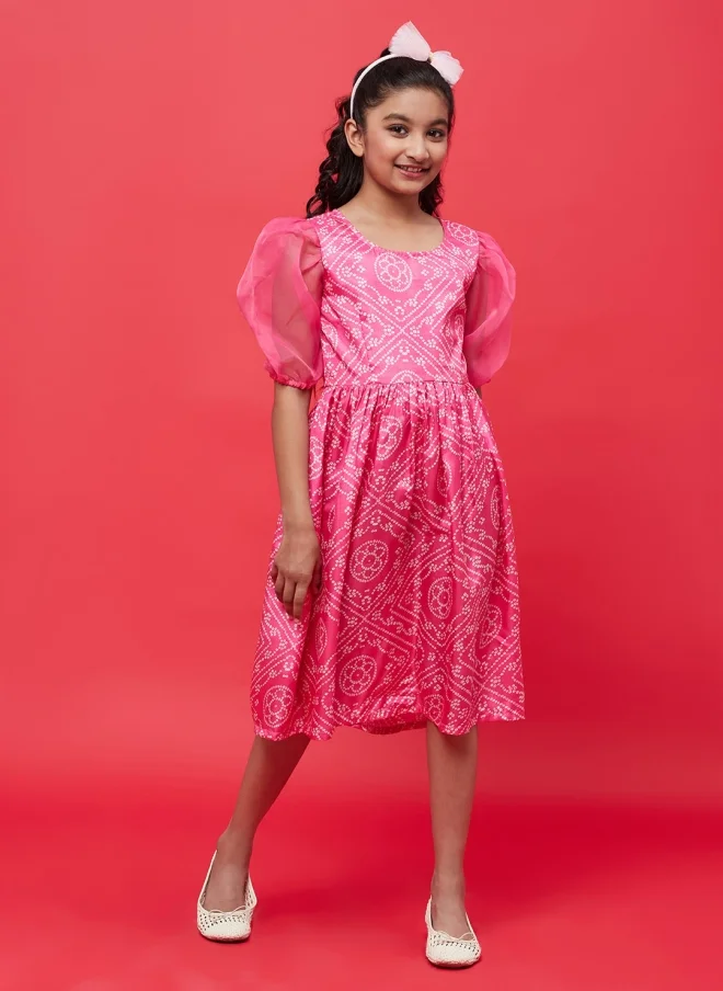 AKS Pink Ethnic Motifs Fit & Flare Dress for Girls