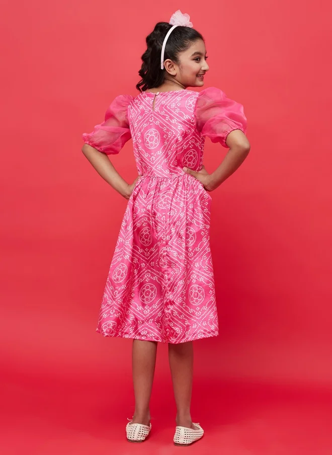 AKS Pink Ethnic Motifs Fit & Flare Dress for Girls