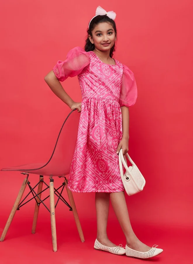 AKS Pink Ethnic Motifs Fit & Flare Dress for Girls