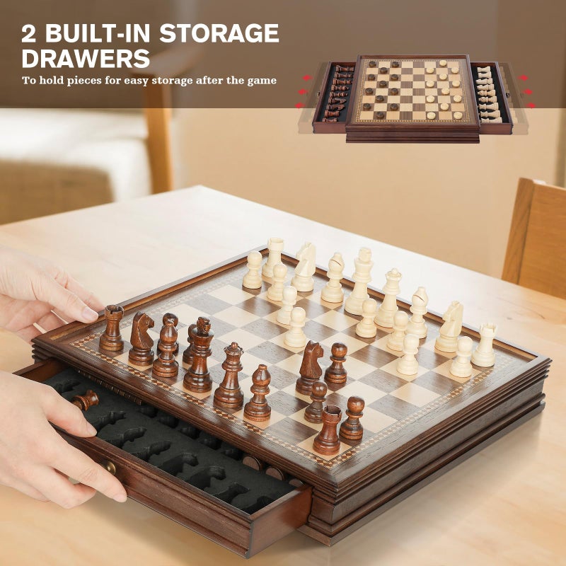 Peradix Magnetic Chess Checkers Board Sets with 2 Builtin Storage Drawers128 Classic 2 in 1 Wooden Games with 2 Extra Queens for Kids and AdultsTravel Portable Chess Game Set - Image 3