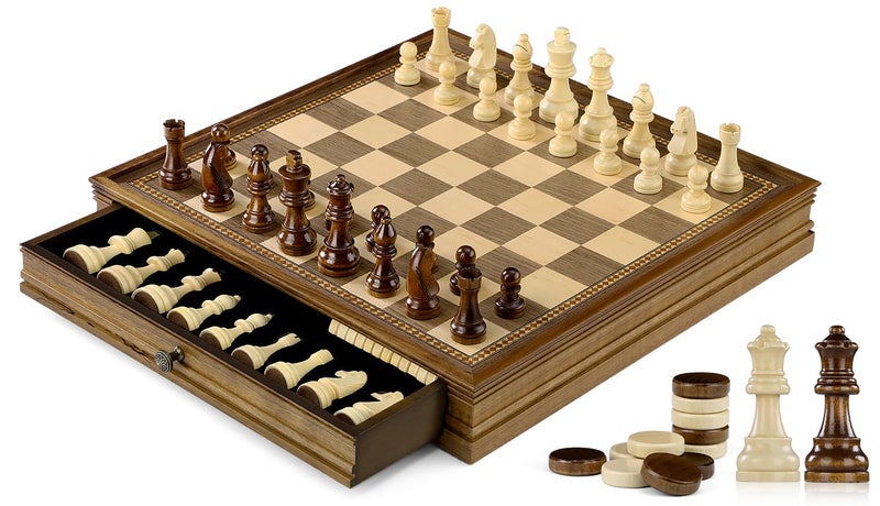 Peradix Magnetic Chess Checkers Board Sets with 2 Builtin Storage Drawers128 Classic 2 in 1 Wooden Games with 2 Extra Queens for Kids and AdultsTravel Portable Chess Game Set - Image 2