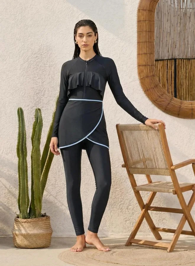 Styli Pack of 3 - Raglan Sleeve Ruffle Swimsuit, Wrap Skirt and Leggings Burkini Set