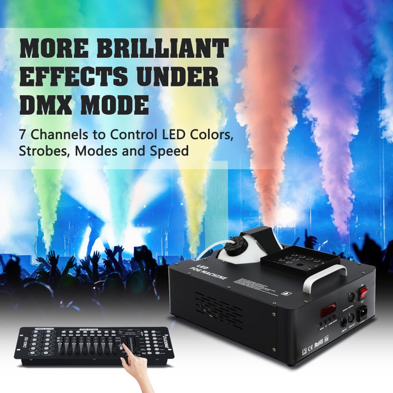 TCFUNDY 1500W Fog Machine for Halloween, DMX RGB 3 in 1 24 LED Smoke Machine Stage Lighting Vertical Spray with Remote Control - Image 3