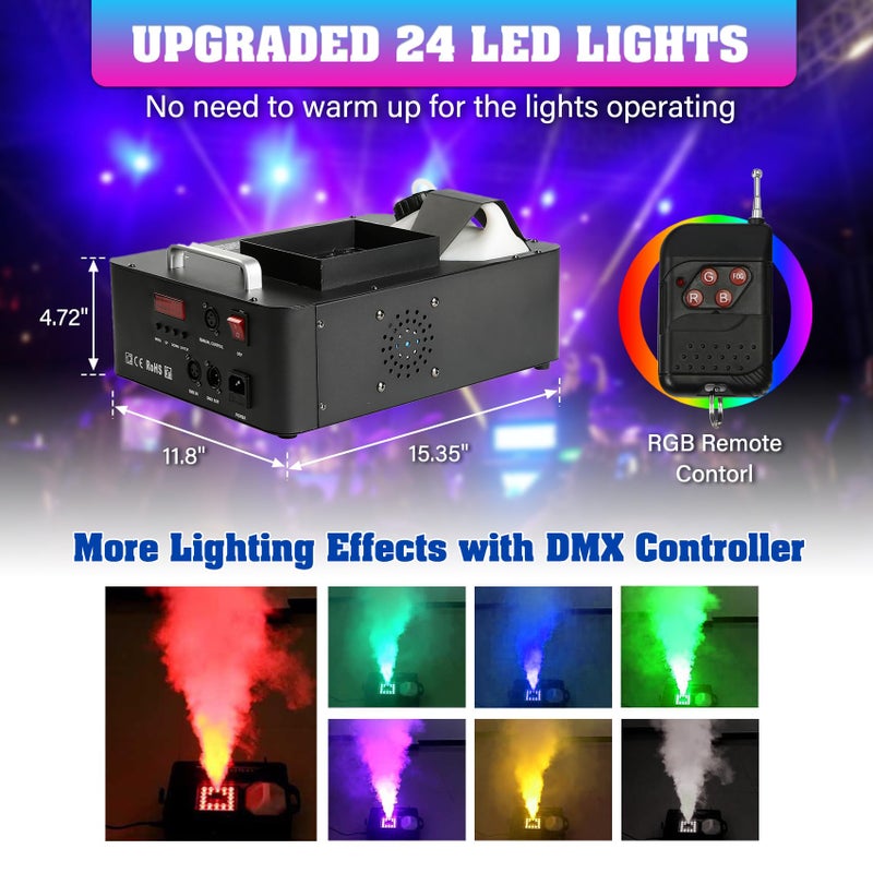 TCFUNDY 1500W Fog Machine for Halloween, DMX RGB 3 in 1 24 LED Smoke Machine Stage Lighting Vertical Spray with Remote Control - Image 4