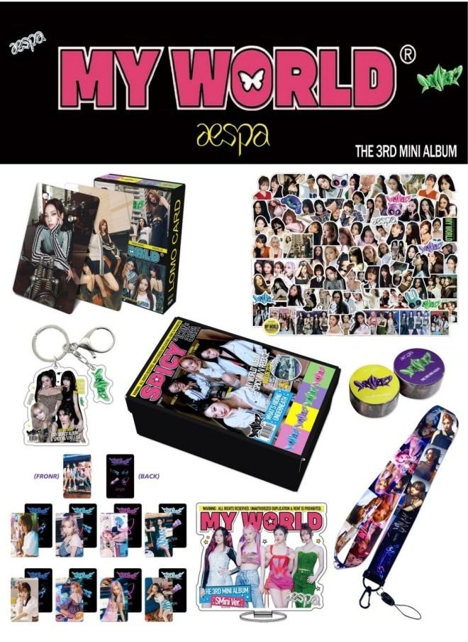 Generic Aespa  New Album MY WORLD Gift Box Set With Lomo Cards, Acrylic Stand, Hand Account Tape, Lanyard, Stickers, Photo Card  - Image 1