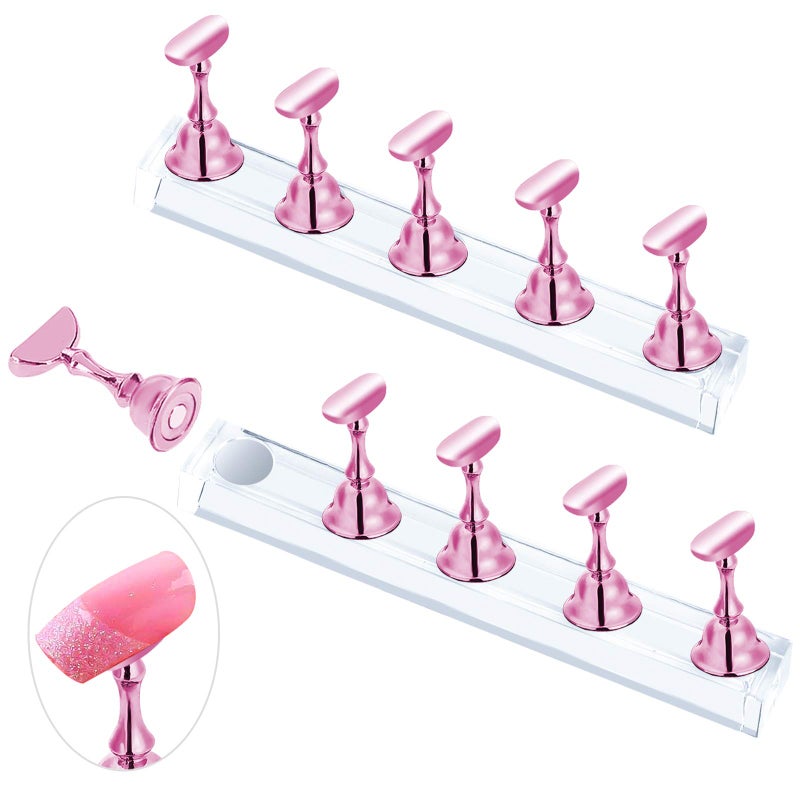 JUSTOTRY 2 Sets Pink Nail Stand for Press on Nails Display Magnetic Fake Nails Holder for Painting Nails Practices Beginner Acrylic Nail Art Kit Accessories Nail Salon Equipment and Decor