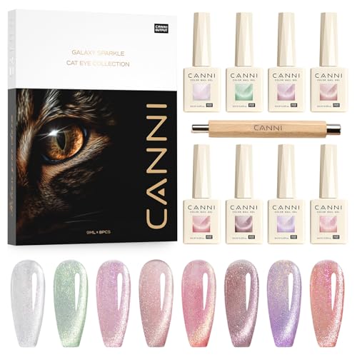 CANNI 8 Pcs 9 ML Cat Eye Gel Nail Polish Set Pink Green Purple Silver Glitter Rainbow Holographic Cat Eye Gel Polish Kit with Magnet Shimmer Colors Nail Art Manicure Salon DIY Gifts - Image 1