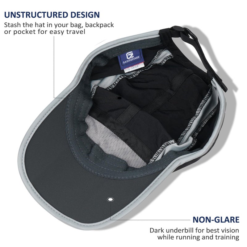 GADIEMKENSD Foldable Run Hat Reflective Baseball Cap Quick Drying Sports Hat for Men Woman Adjustable 50+ UPF Breathable Mesh Water Repellency Outdoor Race Performance Lightweight Black - Image 4