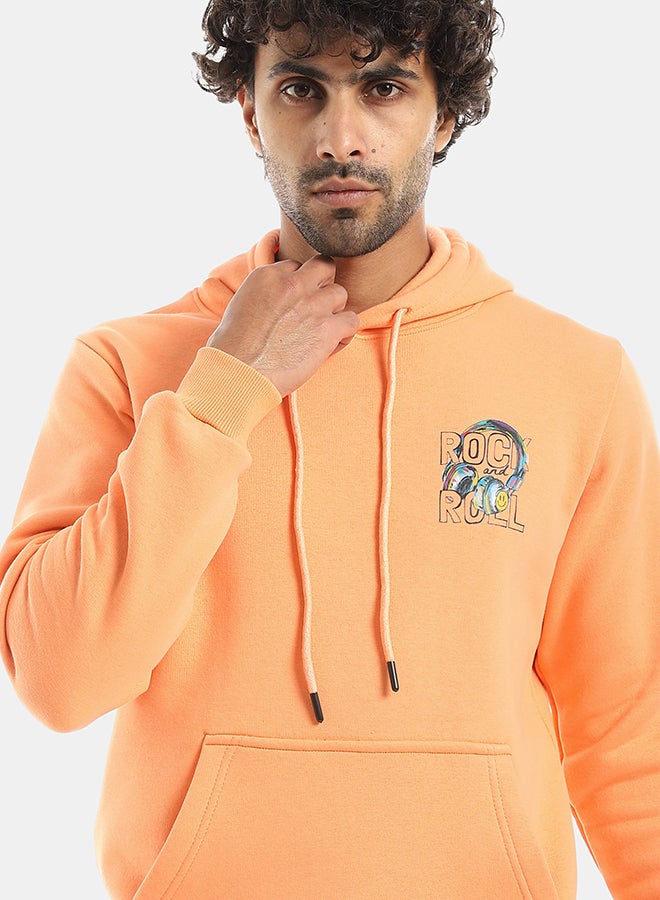 Andora Printed Hooded With Drawstringd Light Orange Sweatshirt-Light Orange - Image 4