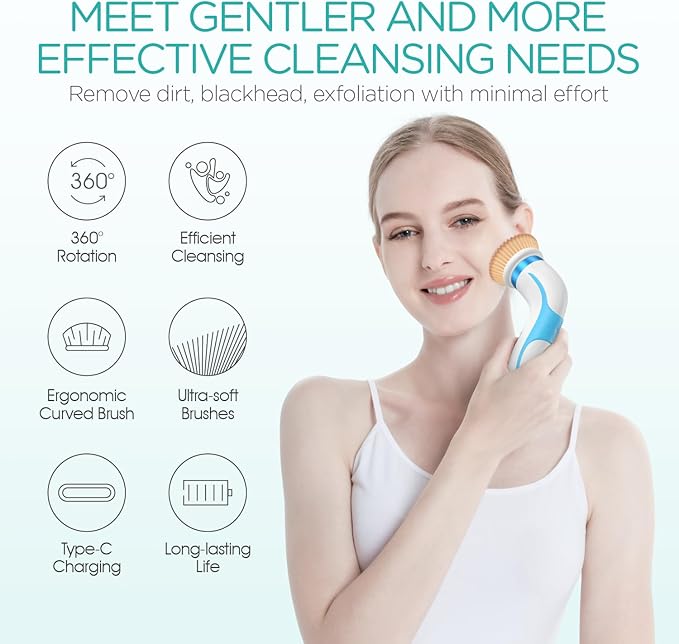 VOGOE Facial Cleansing Brush Electric Rechargeable Spin Face Brush Waterproof IPX6 Face Wash Brushes with 2 Speeds and 2 Brushes for Deep Cleansing and Gentle Exfoliation FB210 Grey - Image 2