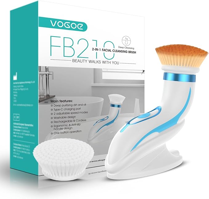 VOGOE Facial Cleansing Brush Electric Rechargeable Spin Face Brush Waterproof IPX6 Face Wash Brushes with 2 Speeds and 2 Brushes for Deep Cleansing and Gentle Exfoliation FB210 Grey - Image 1