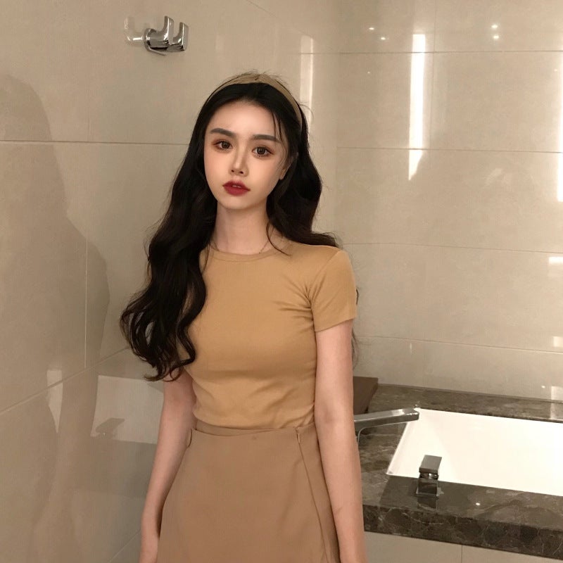 2023 spring cross-border western style bottoming shirt fashionable Korean chic retro round neck basic short sleeve t-shirt for women Solid Light Card 