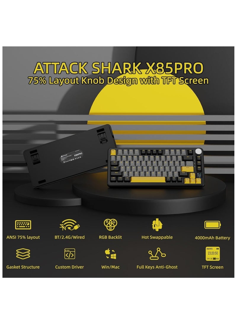 هجوم القرش لوحة مفاتيح الألعاب الميكانيكية اللاسلكية ATTACK SHARK X85Pro – قابلة للتبديل الساخن – تصميم مضغوط 75% – شاشة TFT ذكية مع مقبض معدني – اتصال ثلاثي (بلوتوث 5.1، لاسلكي 2.4GHz، سلكي USB-C) – إضاءة RGB – هيكل Gasket Mount – أغطية مفاتيح PBT – متوافقة مع الكمبيوتر، اللابتوب، ماك (ستار بلاك)  - Image 2