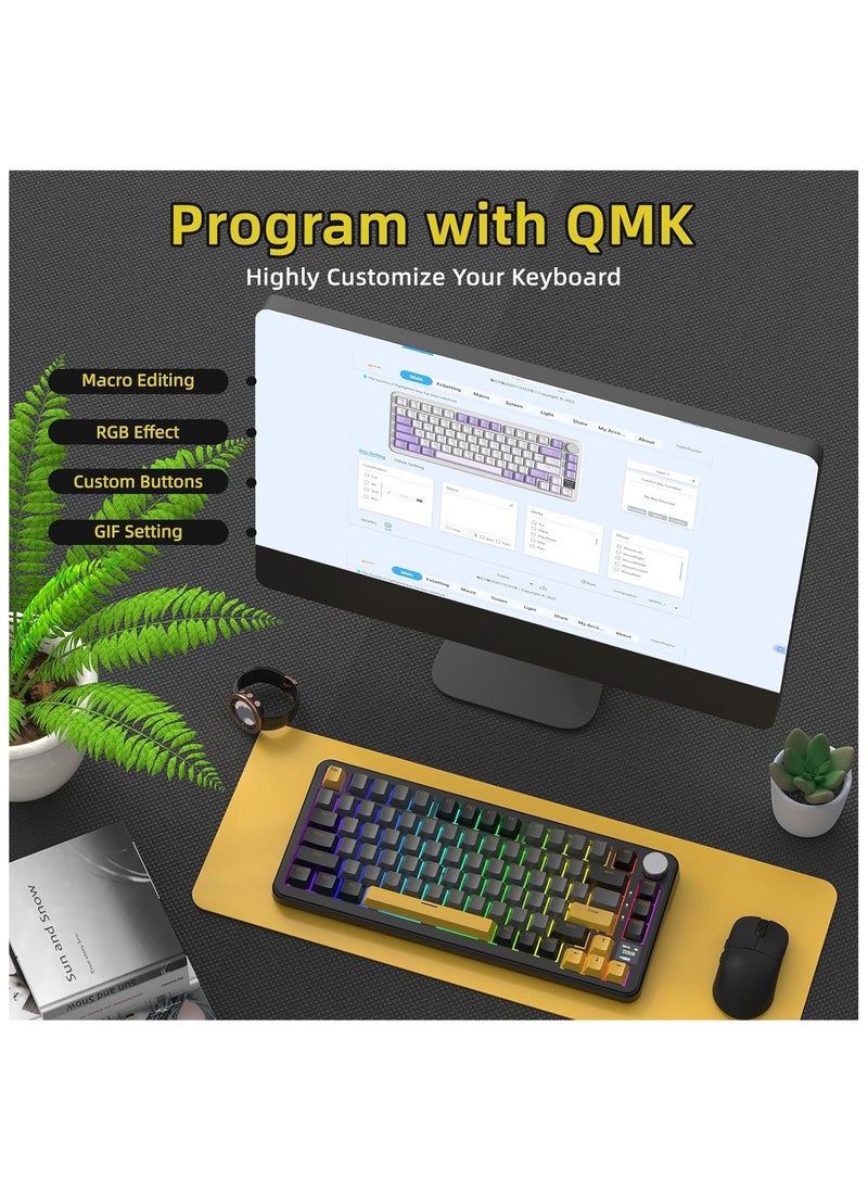 هجوم القرش - لوحة مفاتيح الألعاب الميكانيكية اللاسلكية ATTACK SHARK X85Pro – قابلة للتبديل الساخن – تصميم مضغوط 75% – شاشة TFT ذكية مع مقبض معدني – اتصال ثلاثي (بلوتوث 5.1، لاسلكي 2.4GHz، سلكي USB-C) – إضاءة RGB – هيكل Gasket Mount – أغطية مفاتيح PBT – متوافقة مع الكمبيوتر، اللابتوب، ماك (ستار بلاك) - Image 1