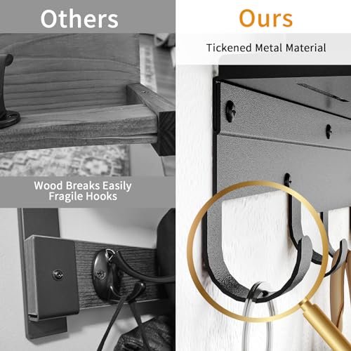 Bethom Wall Shelf with Hooks, Metal Coat Rack Wall Mounted with 5 Hooks, 17 Inch Length Entryway Coat Hangers Storage Clothes, Bags, Purse, Keys for Living Room, Bedroom, Black - Image 4