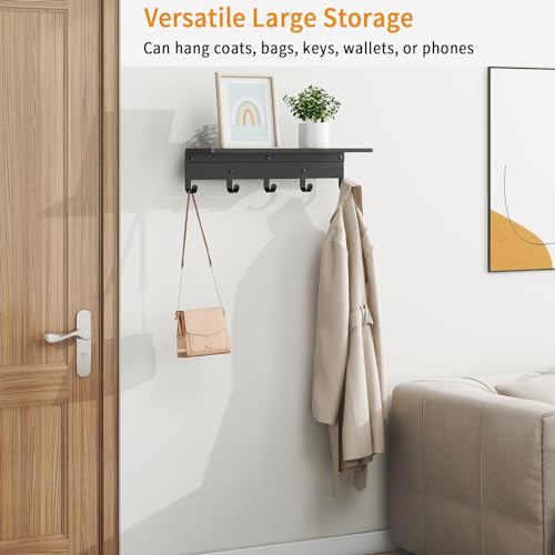 Bethom Wall Shelf with Hooks, Metal Coat Rack Wall Mounted with 5 Hooks, 17 Inch Length Entryway Coat Hangers Storage Clothes, Bags, Purse, Keys for Living Room, Bedroom, Black - Image 2