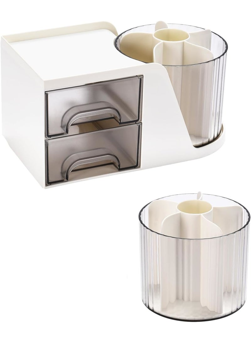 Zikra منظم مكتب عصري أنيق مع 2 درج، حامل أقلام دوار 360°، 5 أقسام + درج لوازم الفن المكتبي المنزلي، أبيض - Image 1