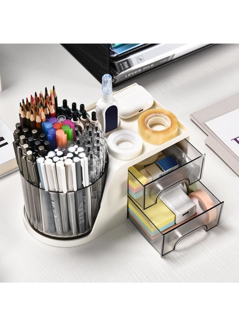 Zikra منظم مكتب عصري أنيق مع 2 درج، حامل أقلام دوار 360°، 5 أقسام + درج لوازم الفن المكتبي المنزلي، أبيض - Image 4