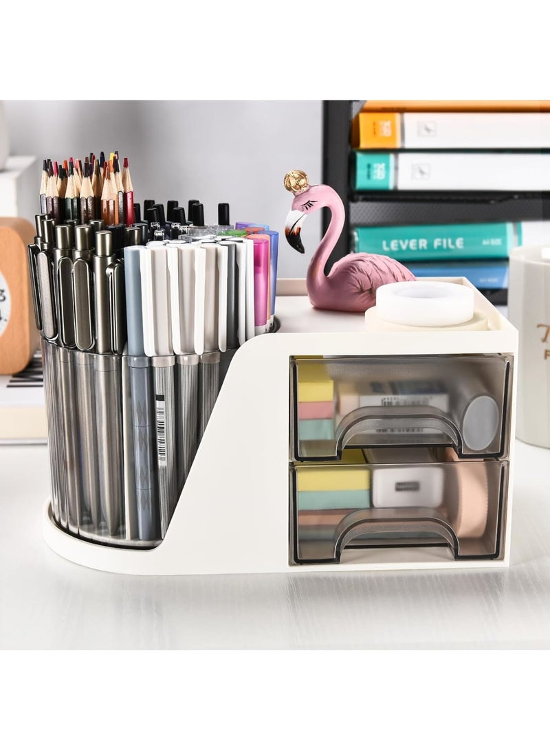 Zikra منظم مكتب عصري أنيق مع 2 درج، حامل أقلام دوار 360°، 5 أقسام + درج لوازم الفن المكتبي المنزلي، أبيض - Image 2
