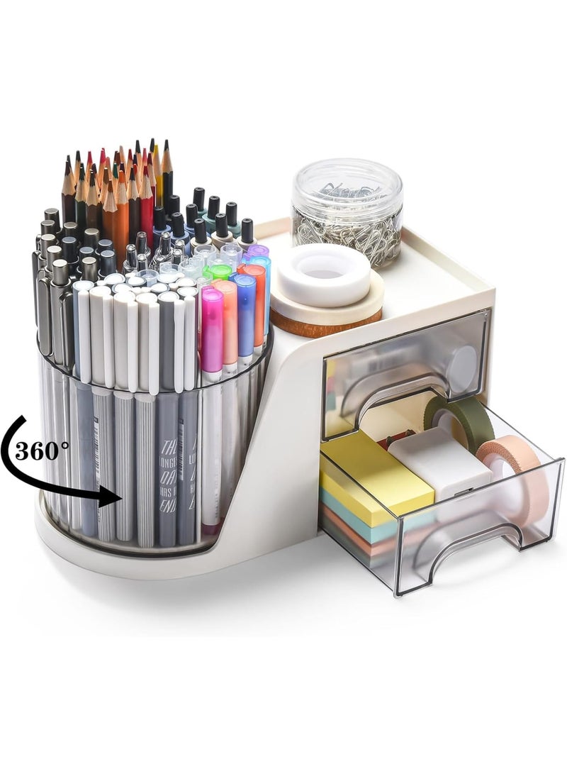 Zikra منظم مكتب عصري أنيق مع 2 درج، حامل أقلام دوار 360°، 5 أقسام + درج لوازم الفن المكتبي المنزلي، أبيض - Image 3
