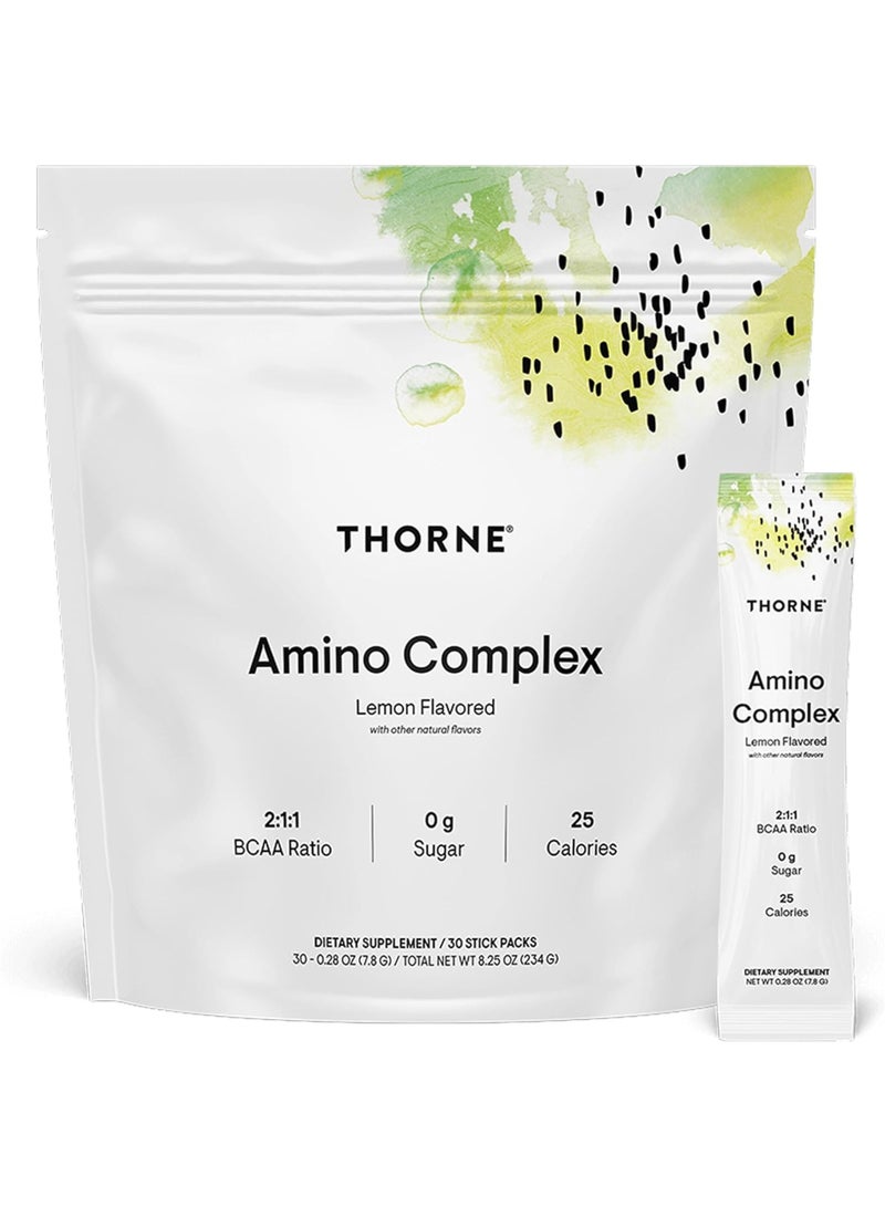 Thorne Amino Complex - Lemon Flavored - with other natural flavors - 2:1:1 BCAA Ratio - 0g Sugar - 25 Calories - Dietary Supplement - 30 Stick Packs - Net wt 8.25 oz (234 g) - Image 1