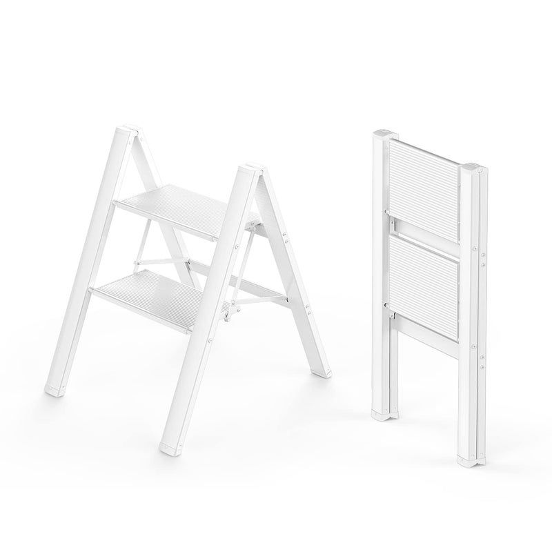 WOA WOA 2 Step Ladder Foldable Step Stool Aluminum Lightweight Ladder for Home Kitchen Closet AntiSlip Pedals Ease of Folding Portable 300lbs Capacity  White