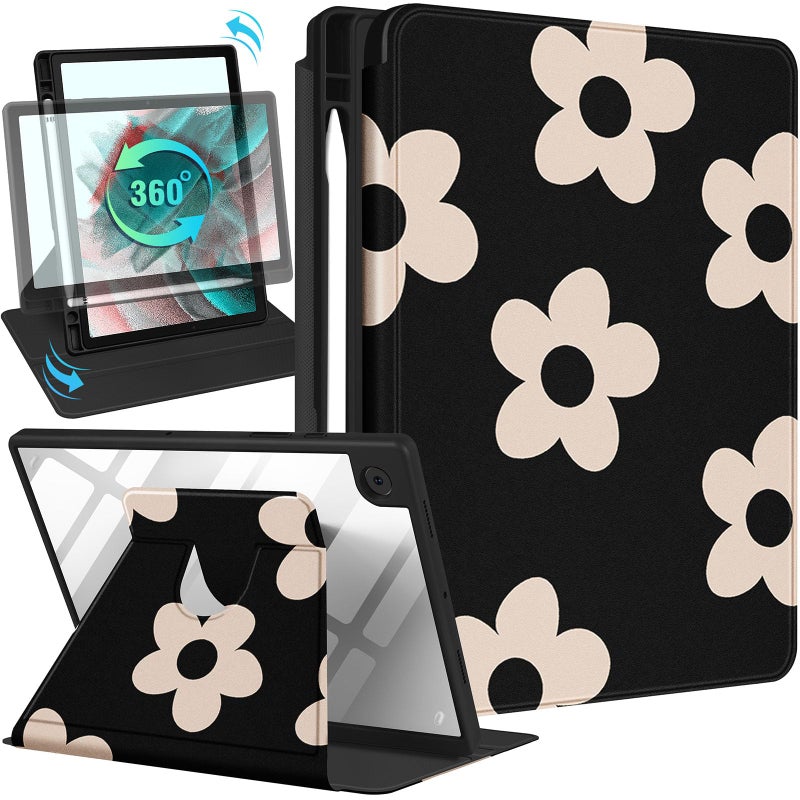 Wazzasoft for Samsung Galaxy Tab A8 Case 10.5 Inch Folio Cover with Pencil Holder Women Girls Cute Girly Teens Kawaii Black Flower Unique Design Rotating for Samsung A8 Tab Cases SM-X200/X205/X207 - Image 1