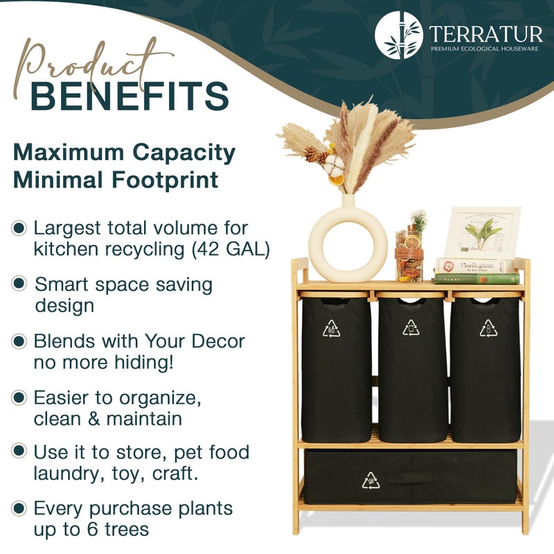 Terratur 4 Section Recycling Bin for Kitchen â€“ Dual Trash and Recycle Bins for Paper, Plastic, Cans â€“ Indoor Bamboo Recycling Organizer â€“ Decorative Wooden Recycle Bins for Kitchen & Office - Image 3