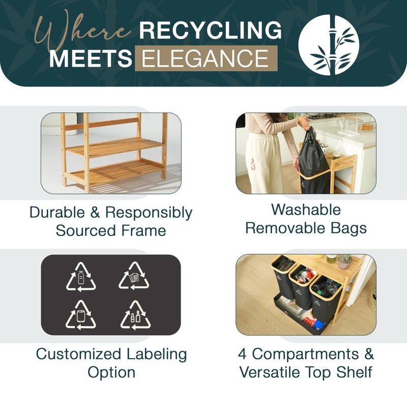 Terratur 4 Section Recycling Bin for Kitchen â€“ Dual Trash and Recycle Bins for Paper, Plastic, Cans â€“ Indoor Bamboo Recycling Organizer â€“ Decorative Wooden Recycle Bins for Kitchen & Office - Image 5