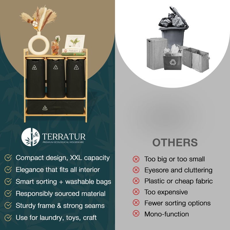 Terratur 4 Section Recycling Bin for Kitchen â€“ Dual Trash and Recycle Bins for Paper, Plastic, Cans â€“ Indoor Bamboo Recycling Organizer â€“ Decorative Wooden Recycle Bins for Kitchen & Office - Image 2