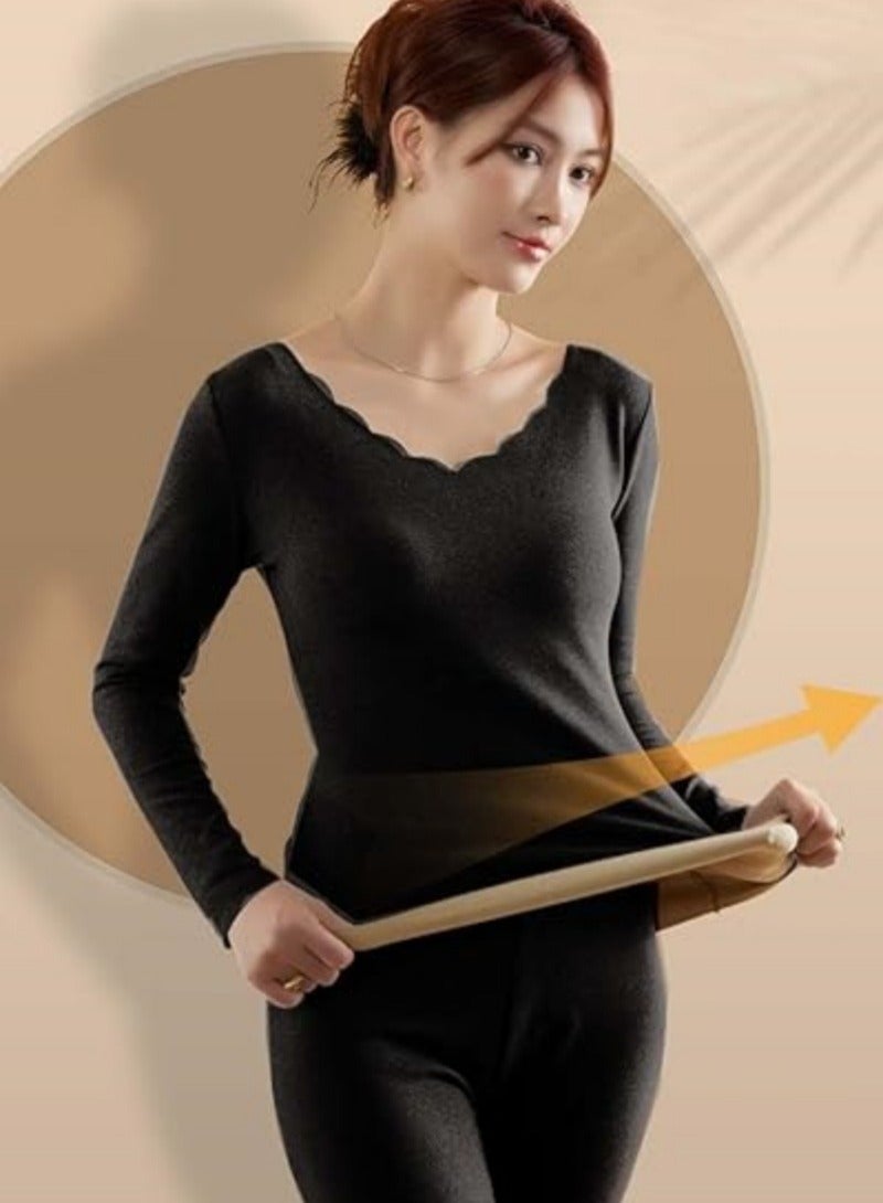 ملابس داخلية حرارية للنساء، ملابس داخلية نسائية بطبقة أساسية من أعلى وأسفل للطقس البارد (أسود) - Image 2