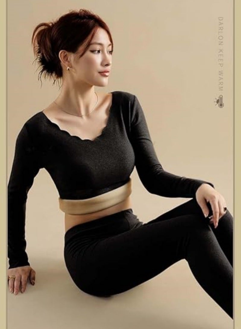 ملابس داخلية حرارية للنساء، ملابس داخلية نسائية بطبقة أساسية من أعلى وأسفل للطقس البارد (أسود) - Image 3