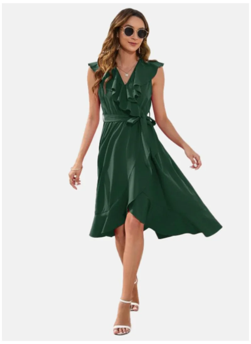 يونيكي Green Flutter Sleeve Satin Fit & Flare Dress