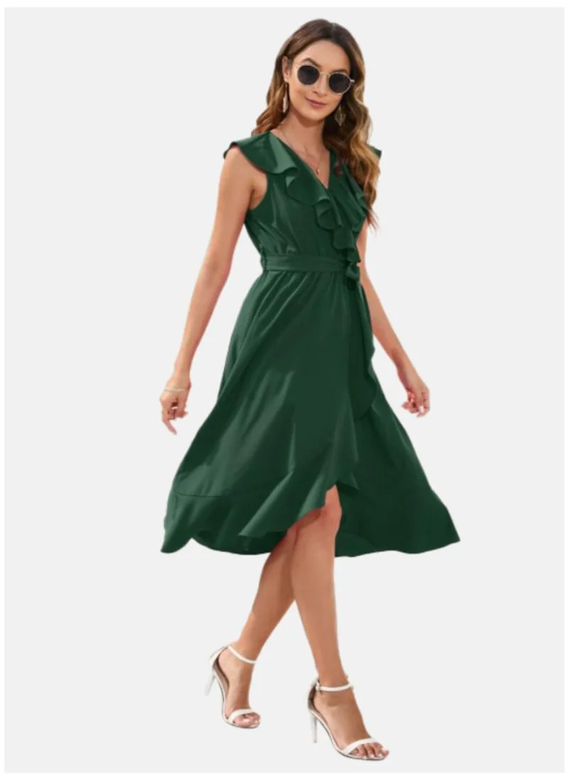YUNIQEE Green Flutter Sleeve Satin Fit & Flare Dress