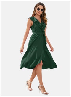 يونيكي Green Flutter Sleeve Satin Fit & Flare Dress  - Image 3