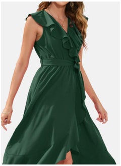 يونيكي Green Flutter Sleeve Satin Fit & Flare Dress  - Image 2