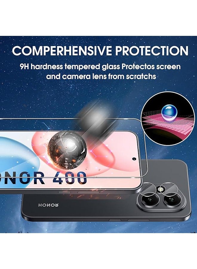 2 Pcs Honor 400 5G Screen Protector, With 2 Set Camera Protective Film, 9H Tempered Glass Screen Protector for Honor 400 5G, Full Coverage Bubble-Free Tempered Film, Anti-Scratch Film  - Image 2