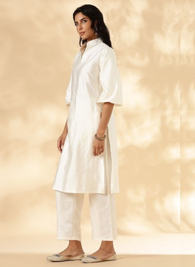 Abhishti Ivory Stand Collar Straight Kurta Pant Set - Image 3