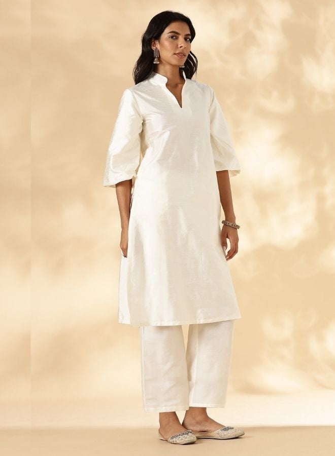 Abhishti Ivory Stand Collar Straight Kurta Pant Set - Image 1