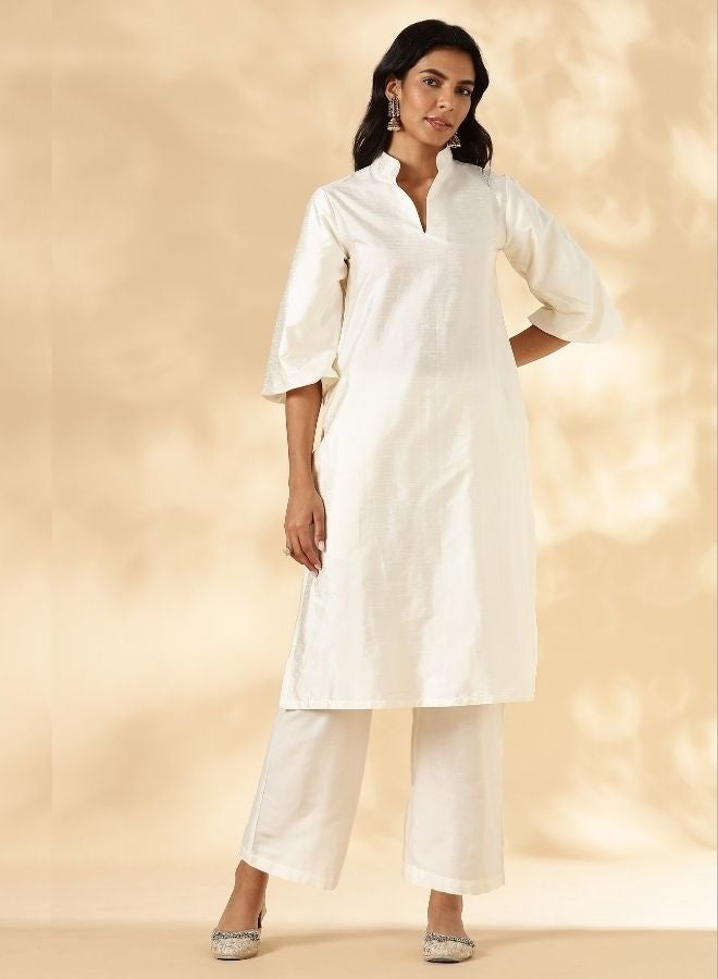 Abhishti Ivory Stand Collar Straight Kurta Pant Set - Image 4