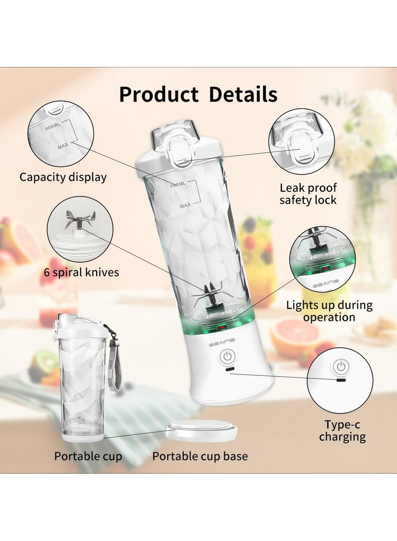 Portable Blender, Personal Blender for Shakes and Smoothies with 20 Oz Travel Cup and Lid, Mini Personal Size Blender with 6 Blades and USB Rechargeable for Gym, Kitchen and Outdoors White - Image 5
