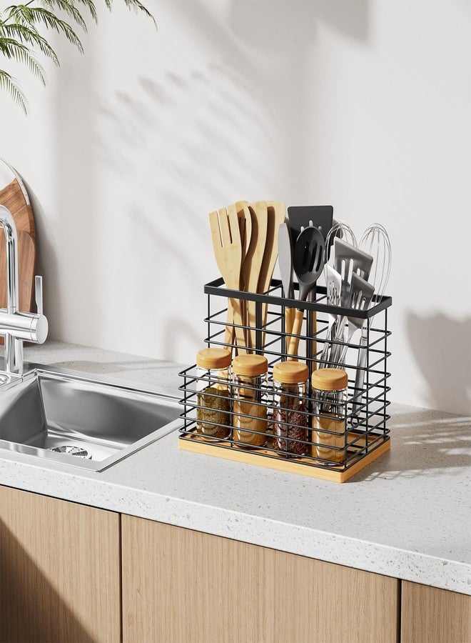 VITVITI Kitchen Utensil Holder for Counter, Large 4 Compartments Metal Bamboo Utensil Organizer, Farmhouse Cooking Utensils Holder Caddy for Countertop, Black - Image 3