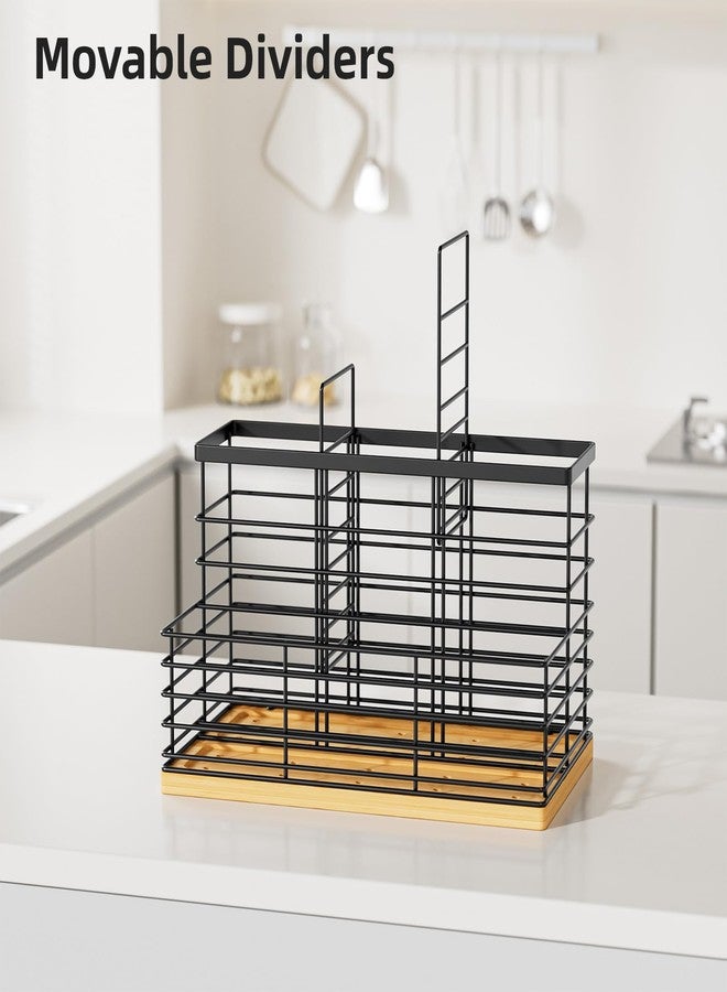 VITVITI Kitchen Utensil Holder for Counter, Large 4 Compartments Metal Bamboo Utensil Organizer, Farmhouse Cooking Utensils Holder Caddy for Countertop, Black - Image 4