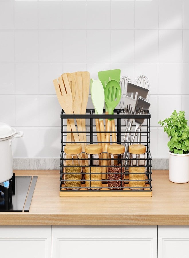 VITVITI Kitchen Utensil Holder for Counter, Large 4 Compartments Metal Bamboo Utensil Organizer, Farmhouse Cooking Utensils Holder Caddy for Countertop, Black - Image 2