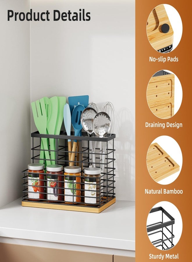 VITVITI Kitchen Utensil Holder for Counter, Large 4 Compartments Metal Bamboo Utensil Organizer, Farmhouse Cooking Utensils Holder Caddy for Countertop, Black - Image 5