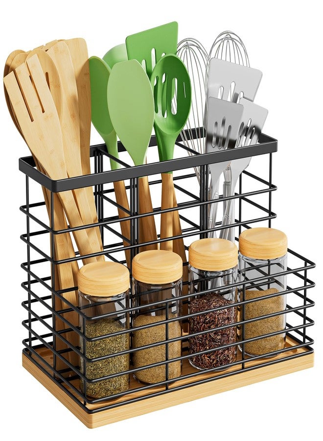 VITVITI Kitchen Utensil Holder for Counter, Large 4 Compartments Metal Bamboo Utensil Organizer, Farmhouse Cooking Utensils Holder Caddy for Countertop, Black - Image 1