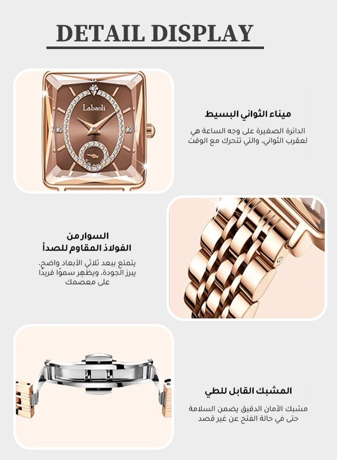 لاباولي ساعة يد من الفولاذ المقاوم للصدأ للنساء، مقاومة للماء، تعمل بحركة كوارتز، بتصميم وجه مزدوج ووجه مرايا مقطوع بقطع الماس. - Image 2
